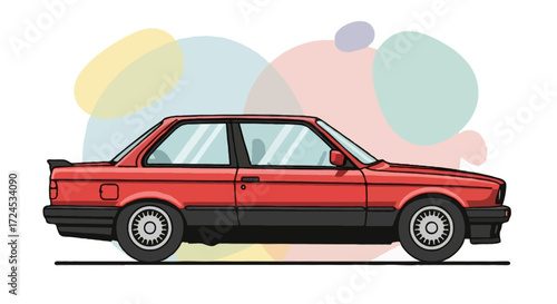 Flat vector illustration of BMW E30 coupe, side profile, two-tone red and black