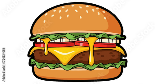 Cartoon flat vector illustration of a cheeseburger with melting cheese and sesame bun, bold outlines, solid colors, fun sticker style