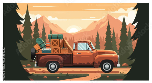 Vector illustration of a rustic old pickup truck carrying wooden crates and camping supplies in the back, driving through a forest trail. Background with tall pine trees, mountains, and a sunset sky