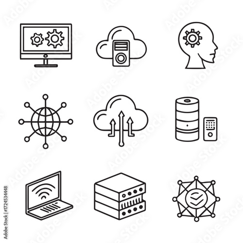 Illustration of cloud computing and data management concepts isolated on white background, showcasing network infrastructure, data storage, and technological processes with clean line art