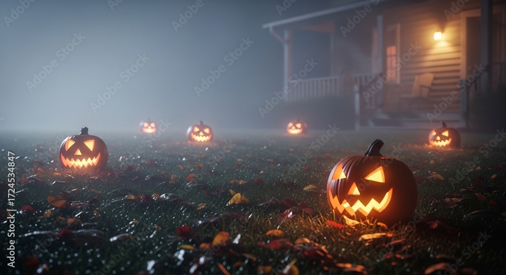 Fototapeta premium Lit jackolanterns on grass create a Halloween scene house in background foggy