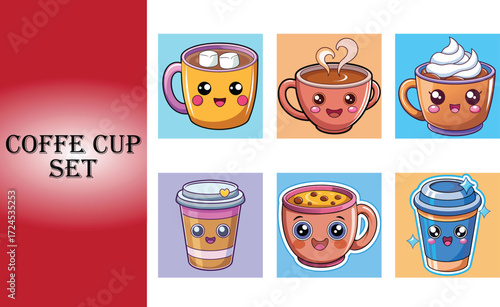 Adorable kawaii coffee cups with cute faces and toppings for a delightful beverage experience vector set