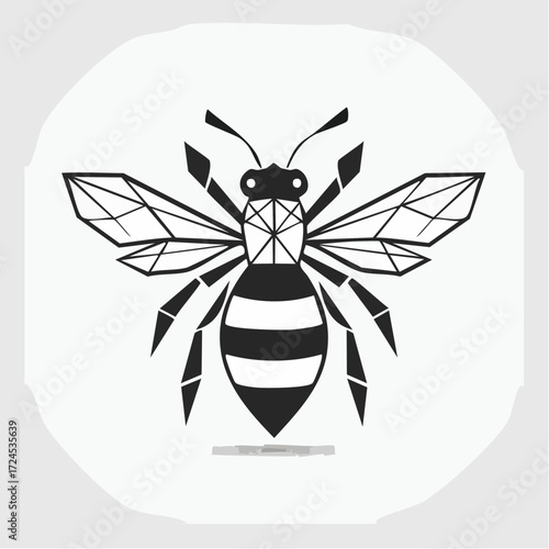 Geometric black and white honey bee icon in a minimalist polygonal vector art style