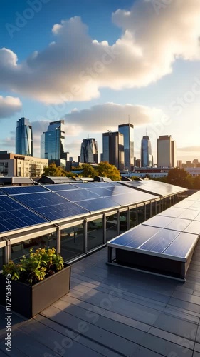 Solar panels on rooftop with modern city skyline under blue sky and fluffy clouds for renewable energy