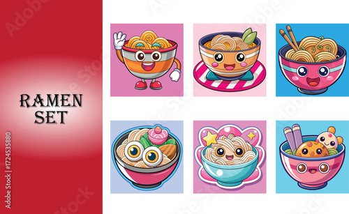 Cute kawaii ramen bowls set of six adorable japanese noodle soup food characters vector set