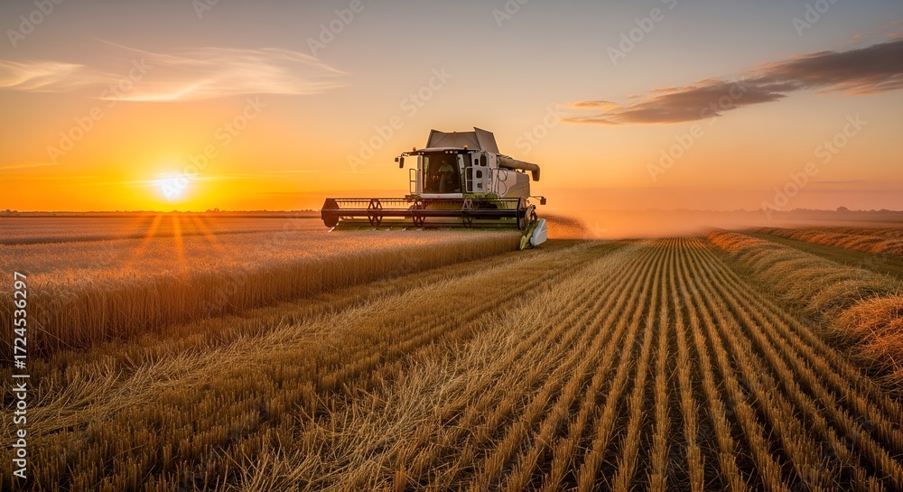 Fototapeta premium Combine Harvester Working in a Wheat Field at Golden Sunset, Agricultural Machine Harvesting Ripe Crops During Sunrise