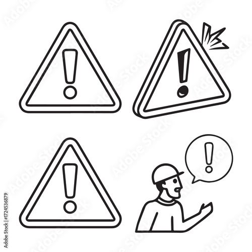 Warning signs isolated on white background triangle with exclamation mark, broken glass, and a man with a speech bubble, indicating danger, caution, and potential hazards in various situations