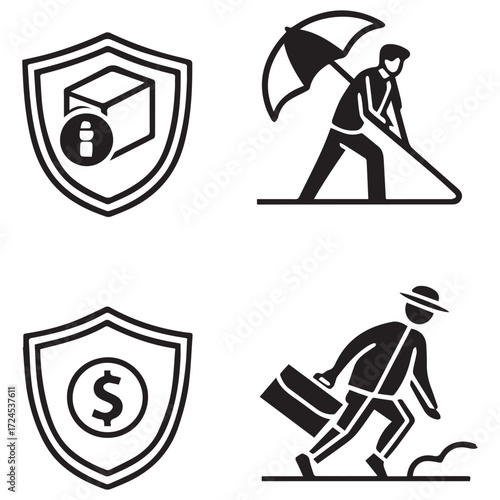 Shields and figures isolated on white background a collection of security and protection icons, featuring shields with symbols and figures engaged in various activities