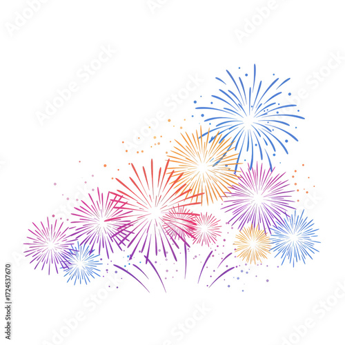 Colorful fireworks burst in a white background, celebrating festivities and joy with vibrant displays