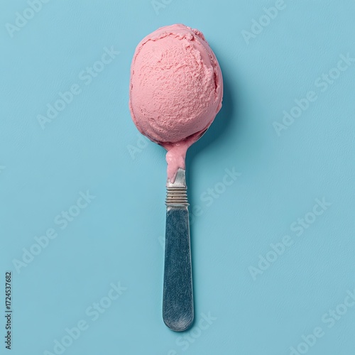 Pink ice cream scoop on a spoon