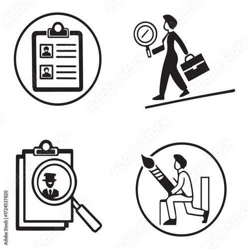 Icons of recruitment and creativity isolated on white background a set of symbols representing job search, talent acquisition, and creative processes in business and design