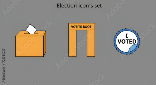 Voting and Election Icons Set: Ballot Box, Booth, and 'I Voted' Sticker for Democracy