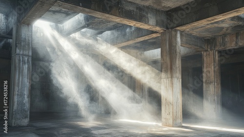 Sunlight beams in abandoned industrial interior