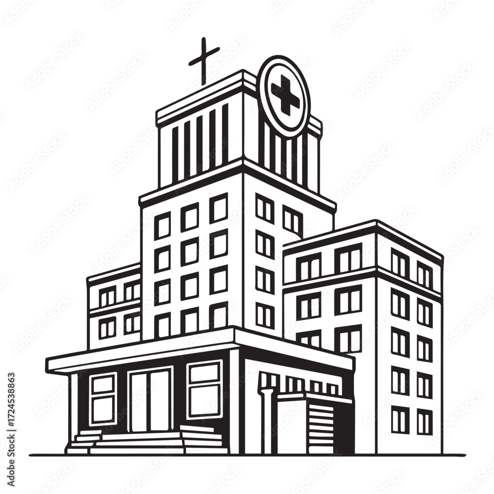 Fototapeta premium An intricate illustration of a multistory hospital building, complete with a prominent cross on top, symbolizing healthcare, healing, and medical services isolated on white background
