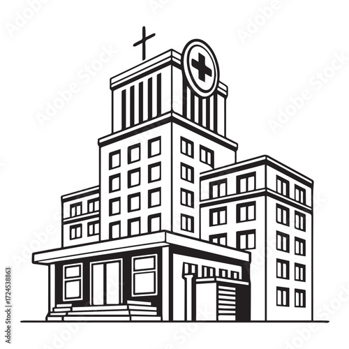An intricate illustration of a multistory hospital building, complete with a prominent cross on top, symbolizing healthcare, healing, and medical services isolated on white background