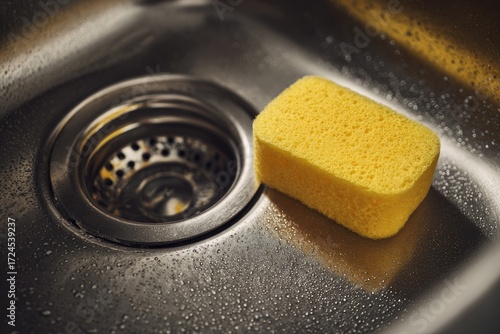 Yellow sponge in a stainless steel kitchen sink
