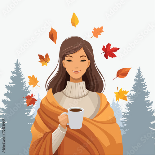 A quiet morning scene with foggy forest, lone figure holding a warm cup of coffee, wrapped 