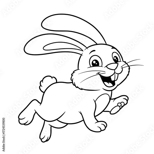 A joyful cartoon rabbit hops with excitement, holding a small carrot in one paw. Its big eyes, wide smile, and curved ears add a playful and festive vibe.