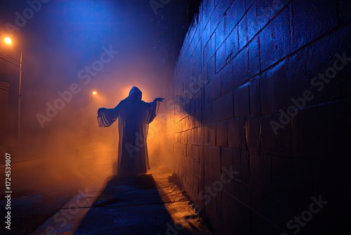 A spectral figure in a misty alleyway at night