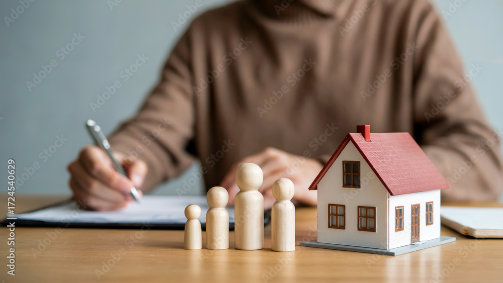 Fototapeta premium Planning family's bright future with new home purchase and financial security, securing mortgage, investing in real estate, signing contract with confidence