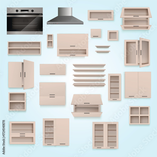 Realistic Assorted Beige Kitchen Furniture and Appliance for Interior Design Elements