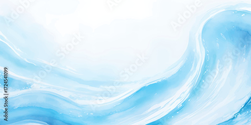 Blue Watercolor Ocean Wave with Foamy Splash Texture and Artistic Fluid Horizon Design for Modern Seascape Background Illustration