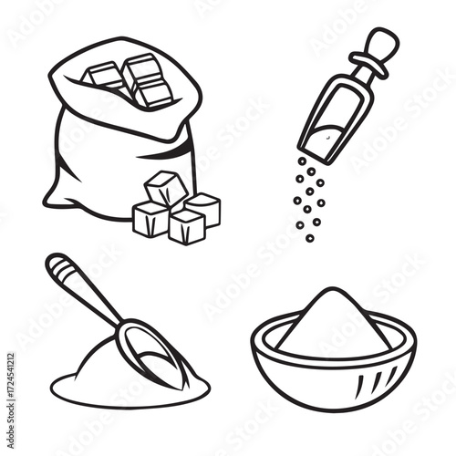Illustration of sugar in various forms isolated on white background, including cubes in a sack, granulated sugar in a bowl, and sugar being scooped, showcasing different uses and presentations