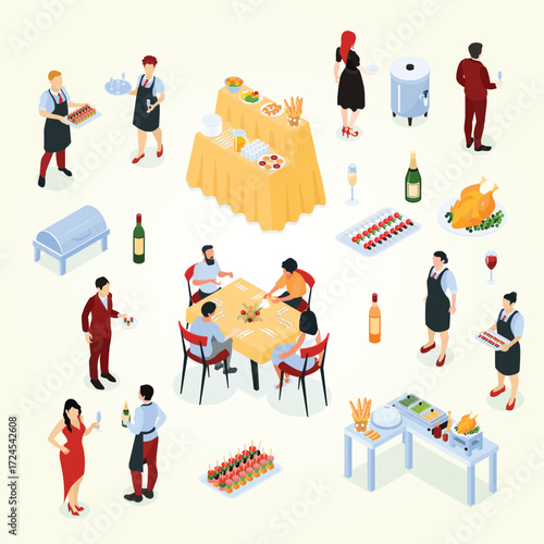 Isometric Catering Event with Staff and Food Arrangement Illustration