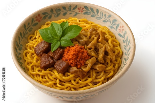 Bún ngệ xào lòng-yellow  noodles mixed with a rich curry sauce