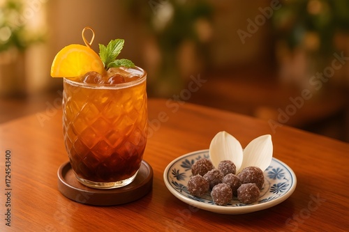 Nước đá me-Earl Grey tea, ice cubes, and tamarind pearls