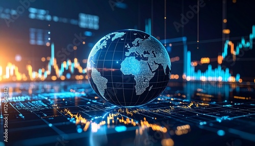 Worldwide Financial Network Illustrated by a Globe with Analytics, Data Graphs, and Market Insights for Investors and Economic Planning