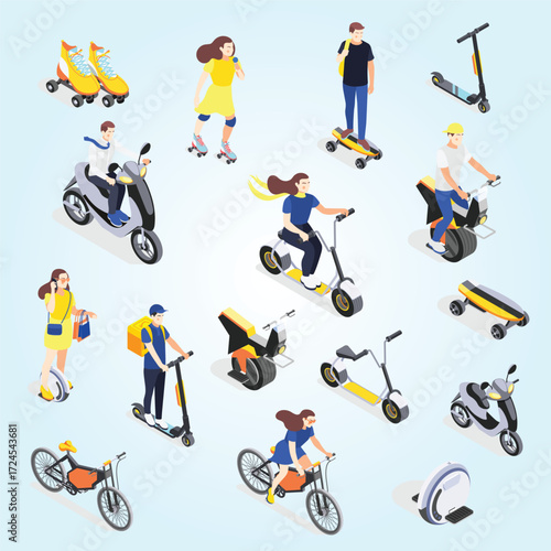 Isometric Diverse Personal Electric Vehicle Transportation Method and Accessories