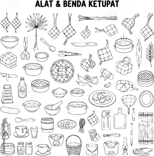 Hand-drawn collection of Ketupat food, cooking ingredients, and kitchen utensils for traditional Indonesian and Malay cuisine, perfect for Eid al-Fitr.