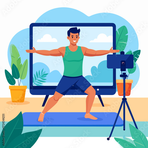 A man demonstrating a home workout for an online audience, embodying Modern Professions in Lifestyle & Health through virtual fitness and wellness coaching