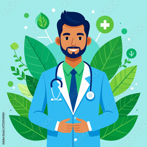 Friendly male doctor illustration representing Modern Professions in Lifestyle & Health with a focus on natural wellness and holistic care