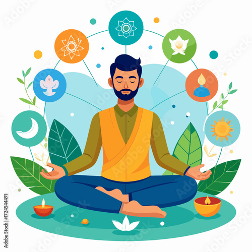 Modern Professions in Lifestyle & Health A Man Meditating with Chakra Symbols and Diya Lamps