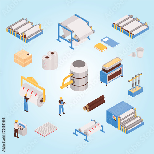 Isometric Detailed Paper Production Process Machinery and Equipment Illustration