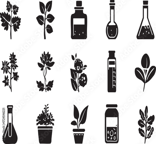 Vector art of botanical silhouette set of plants and laboratory glassware