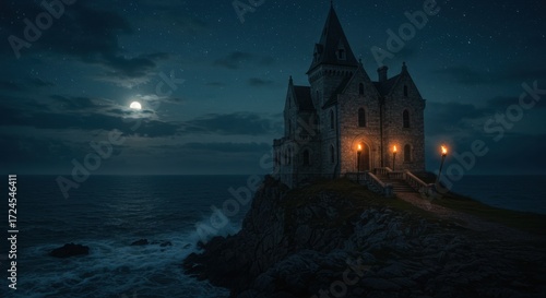 Ominous, medieval castle on a remote, rocky cliff at the dark Halloween sea