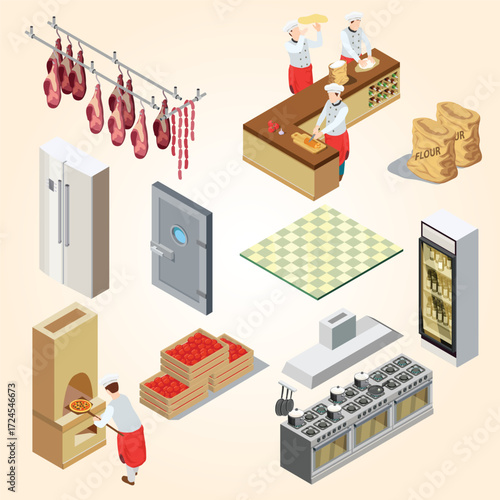 Isometric Detailed Restaurant Kitchen Interior with Chef and Equipment Illustration