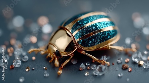 Golden Beetle Insect Close Up On Gray Surface Macro Cinematic HDR