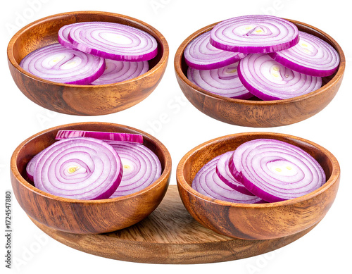 Four wooden bowls filled with sliced red onions
