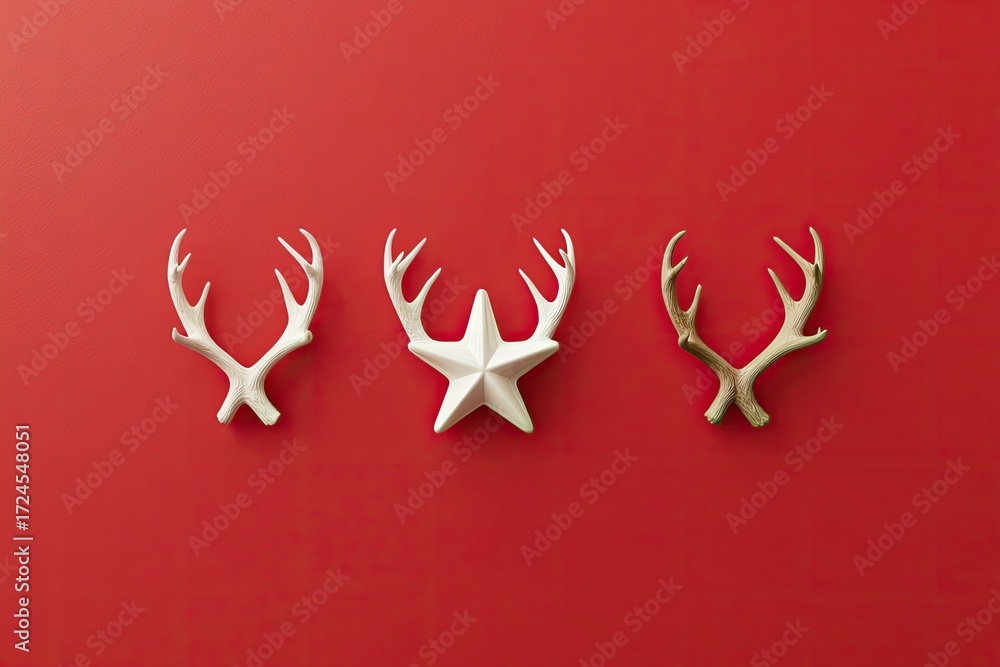 Obraz premium Three decorative antlers and a star on a red background
