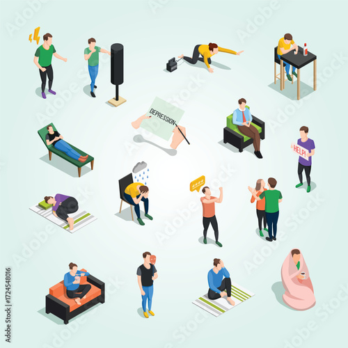 Isometric Illustration of Mental Health Depression with Treatment and Support