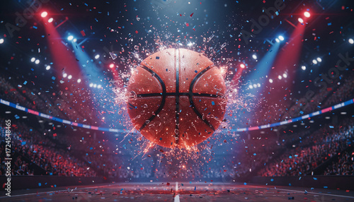 motion scene of Basketball in Stadium, atmosphere, glowing red and blue lights with glistening specular highlights.