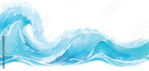 Ocean Wave Splashing in Blue Watercolor Art Style with Fluid Texture and Marine Horizon Background for Creative Seascape Digital Projects