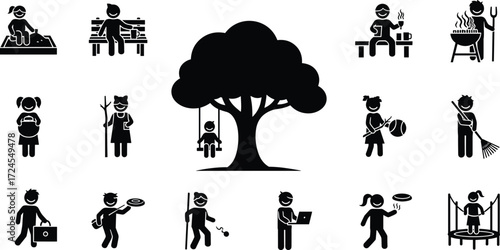 PrintCommunity park activity silhouette vector, family interaction, outdoor leisure, tree-centered design, black icon illustration for lifestyle, parenting, and recreational concepts