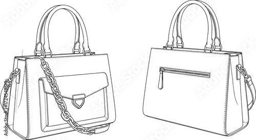 PrintElegant fashion handbag vector illustration, front and back view, leather purse with chain strap, realistic sketch style for accessories design and branding