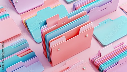 Colorful file folders arranged on a pink surface