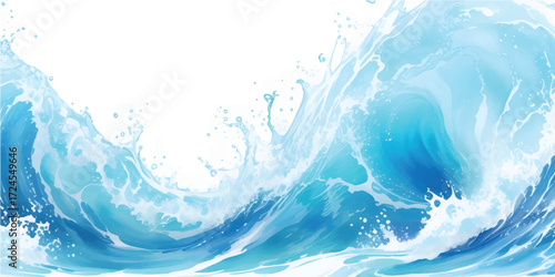Watercolor Ocean Wave Illustration with Abstract Blue Splashing Texture and Dynamic Marine Flow for Modern Seascape and Digital Background